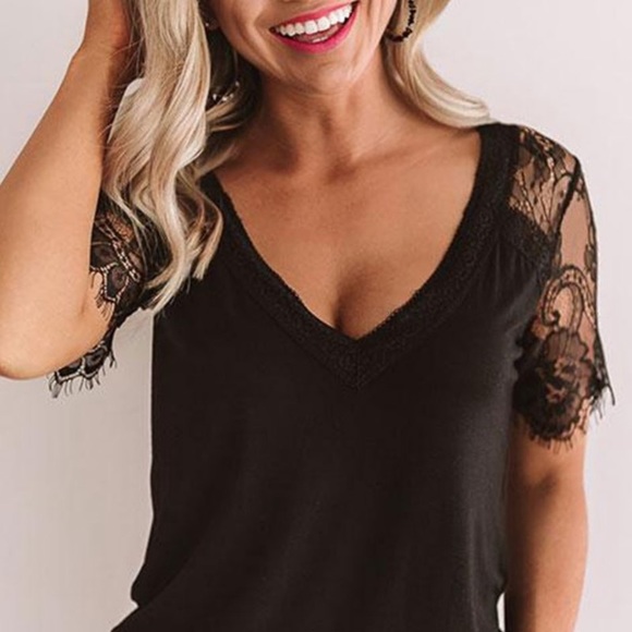 POL Black EyeLash Lace Scalloped Knit Top - Picture 2 of 5
